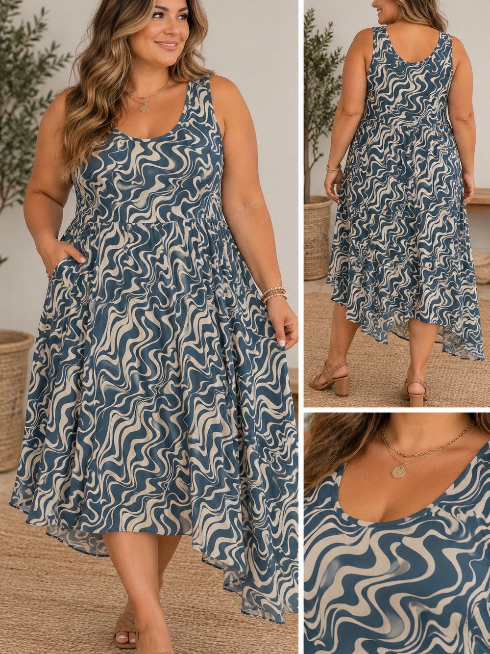 Ava & Viv Teal and Cream Swirl High-Low Sleeveless Dress